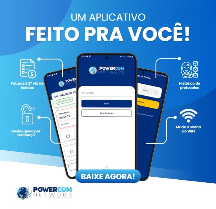 Telas do app Central do Assinante Powercom Network: tela de login e lista de faturas